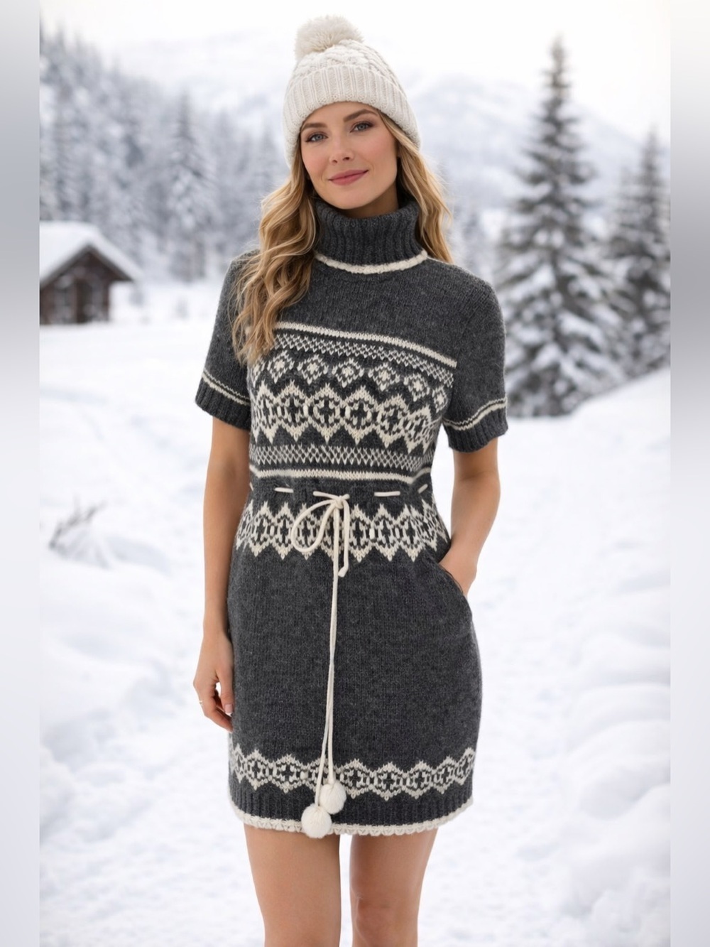 Energie Fair Isle Knot Sweater Dress Junior XL Nordic Turtleneck Pompom Y2K Mini